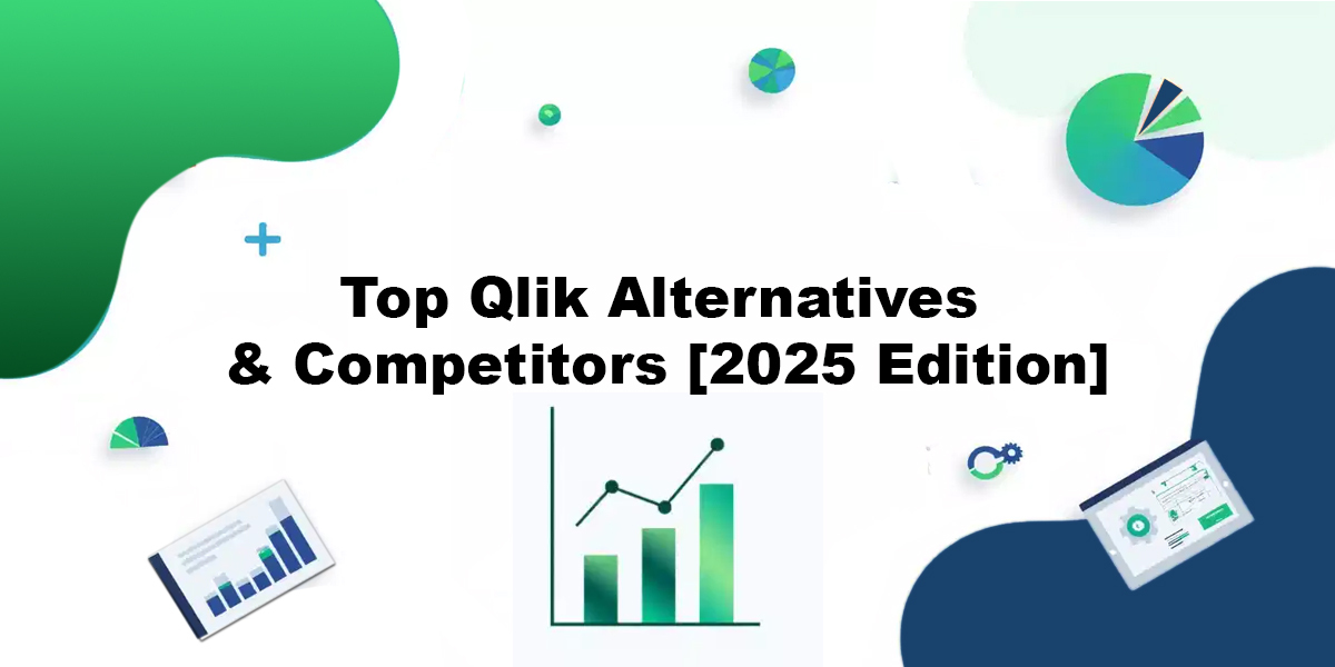 Qlik alternatives visual with business intelligence dashboards, analytics charts, and data visualization tools on a clean modern background.