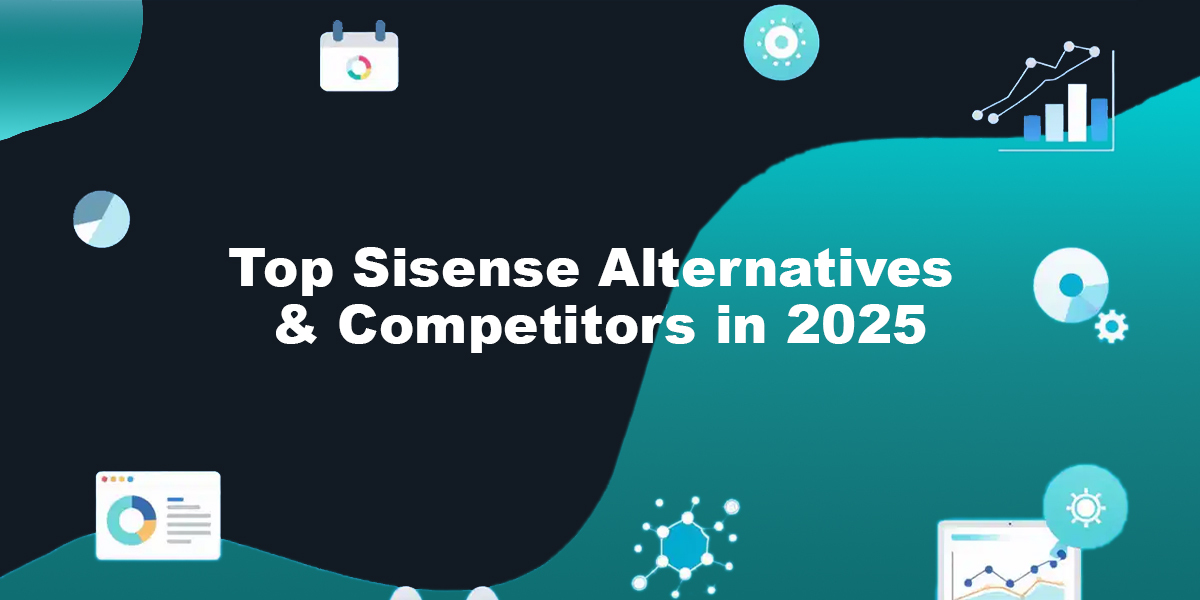Sisense alternatives image featuring embedded analytics, interactive dashboards, and BI elements over a bold blue and orange color scheme.
