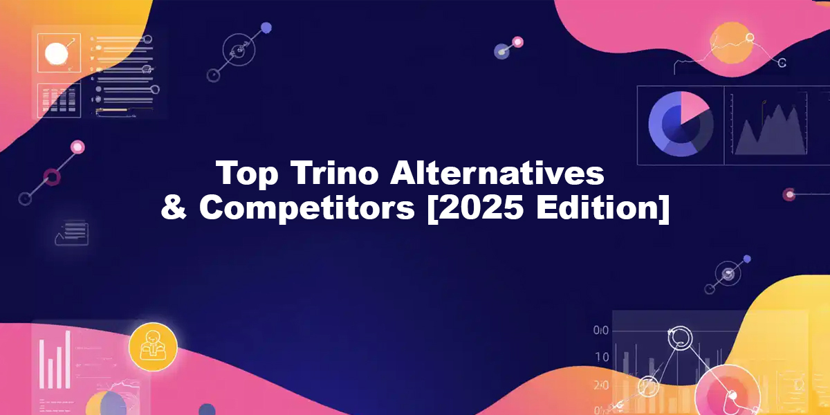 Trino alternatives illustration with distributed SQL engines, federated query layers, and modern data lakehouse structures in a deep blue tech theme.