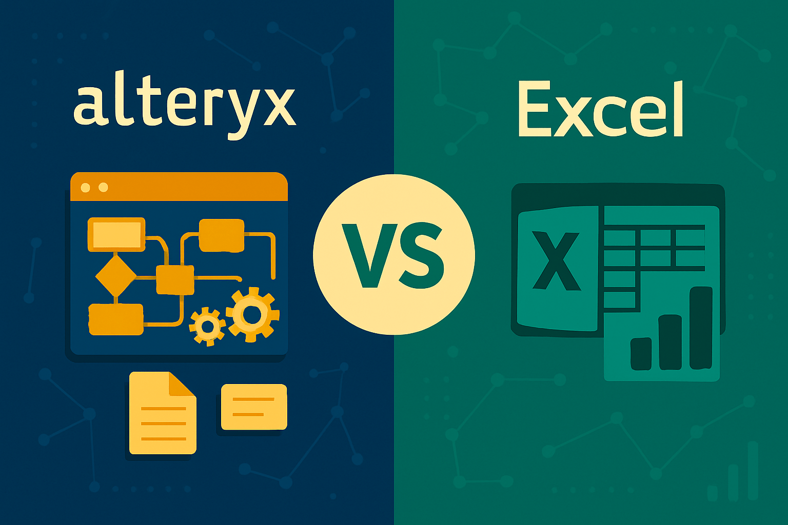 Alteryx vs Excel illustration comparing advanced data automation with spreadsheet-based analytics over a familiar, productivity-driven layout.
