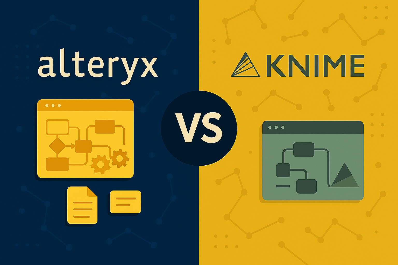 Alteryx vs KNIME image contrasting drag-and-drop analytics platforms and low-code machine learning workflows in a clean, tech-focused environment.