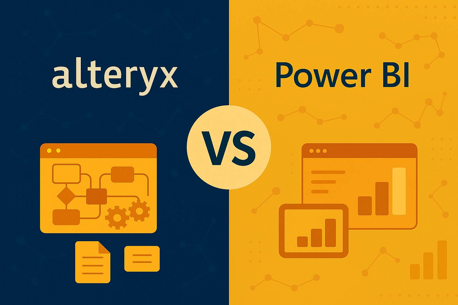 Alteryx vs Power BI visual comparing analytics automation workflows with interactive business intelligence and visualization dashboards.