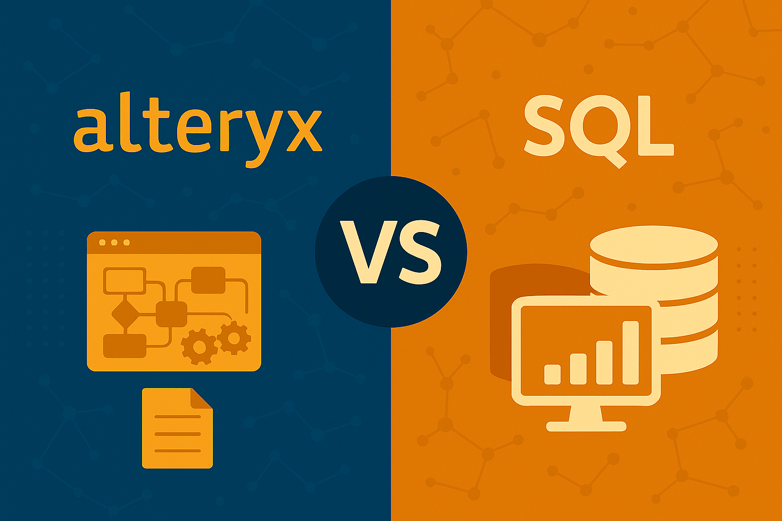 Alteryx vs SQL illustration contrasting code-free data workflows with structured query language-based analytics and database management.