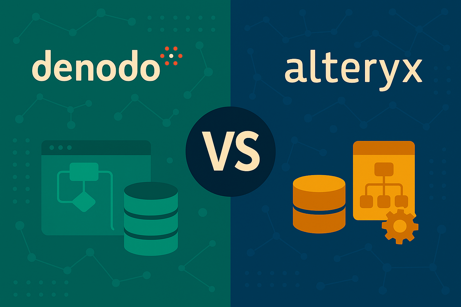 Denodo vs Alteryx featured image comparing data virtualization with advanced data preparation and analytics tools on a clean, tech-themed background.