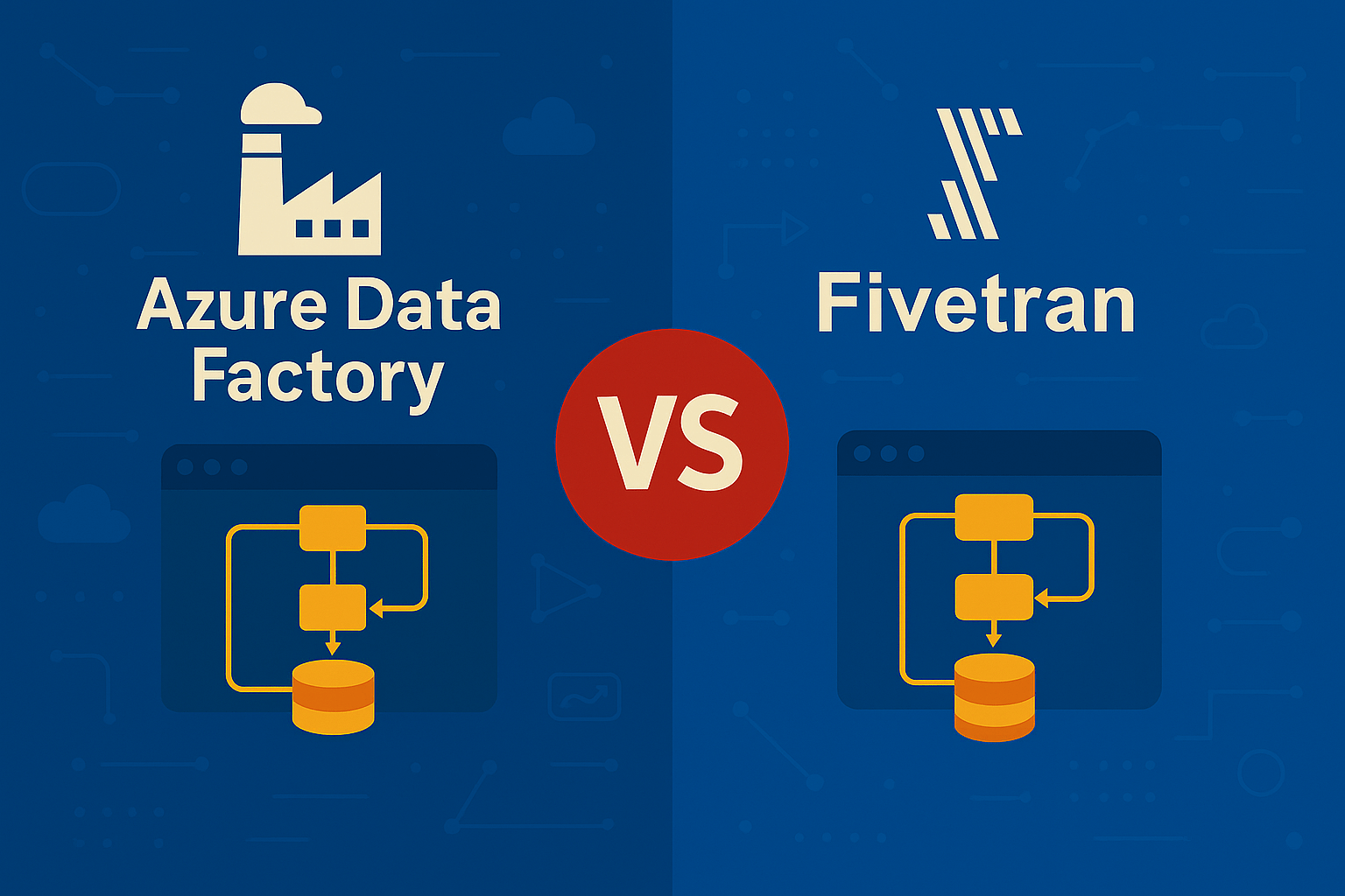 Azure Data Factory vs Fivetran visual comparing scheduled ETL workflows with fully automated ELT connectors over a modern cloud integration design.