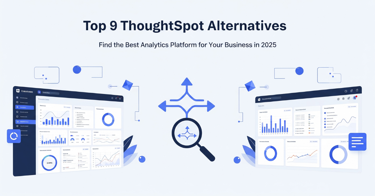 ThoughtSpot alternatives featured image highlighting AI-driven analytics, search-based BI, and interactive visual data exploration on a clean interface.