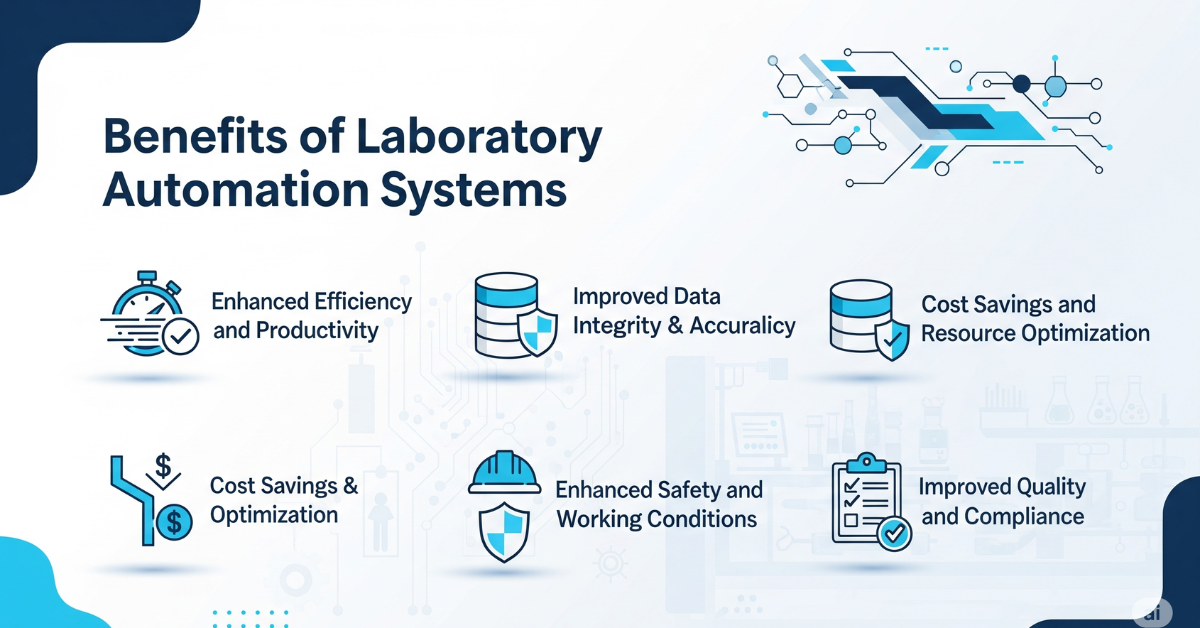 A light-themed infographic-style image titled “Benefits of Laboratory Automation Systems.” It visually presents six key benefits with corresponding icons: stopwatch with checkmark (efficiency and productivity), database with shield (data integrity and accuracy), dollar sign and flow arrow (cost savings and optimization), safety helmet and shield (safety and working conditions), and checklist with checkmark (quality and compliance). The background has faint outlines of laboratory equipment and circuit-like patterns.