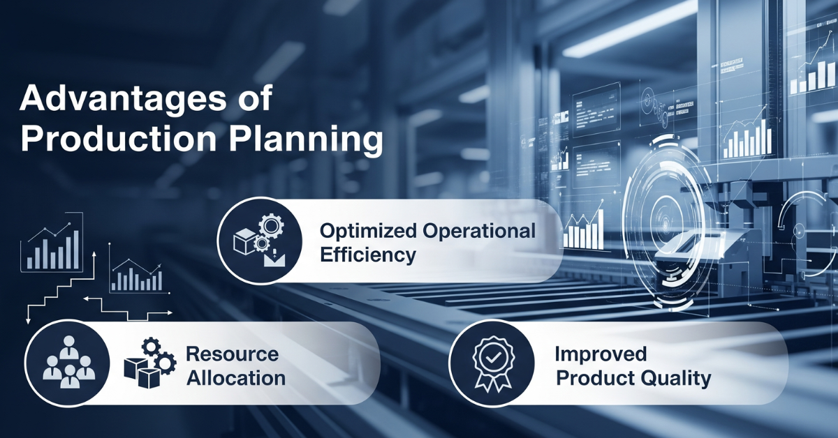 A modern manufacturing facility with digital overlays showing various operational metrics and icons. The text reads 