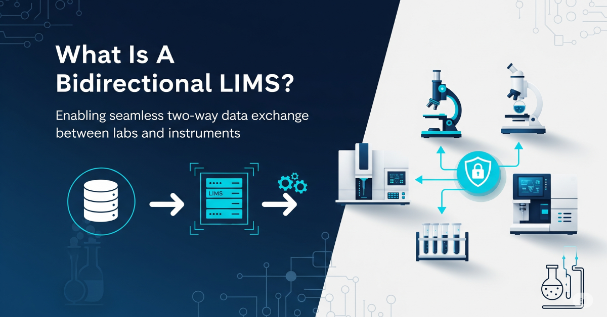 A split dark and light background image with the title “What Is A Bidirectional LIMS?” and the subtitle “Enabling seamless two-way data exchange between labs and instruments.” The graphic illustrates a two-way data flow starting from a database icon to a LIMS server, then connecting to various laboratory instruments such as microscopes, analyzers, and test tubes, all linked by arrows and a central shield symbolizing secure data integration.