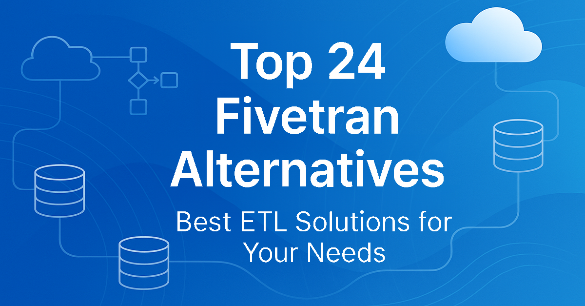 Fivetran alternatives illustration showing automated ELT connectors, cloud data sync tools, and source-to-destination pipelines over a minimalist data theme.