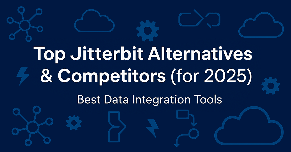 Jitterbit alternatives image featuring low-code integration tools, connected API endpoints, and cloud connectors on a clean and blue-focused tech canvas.