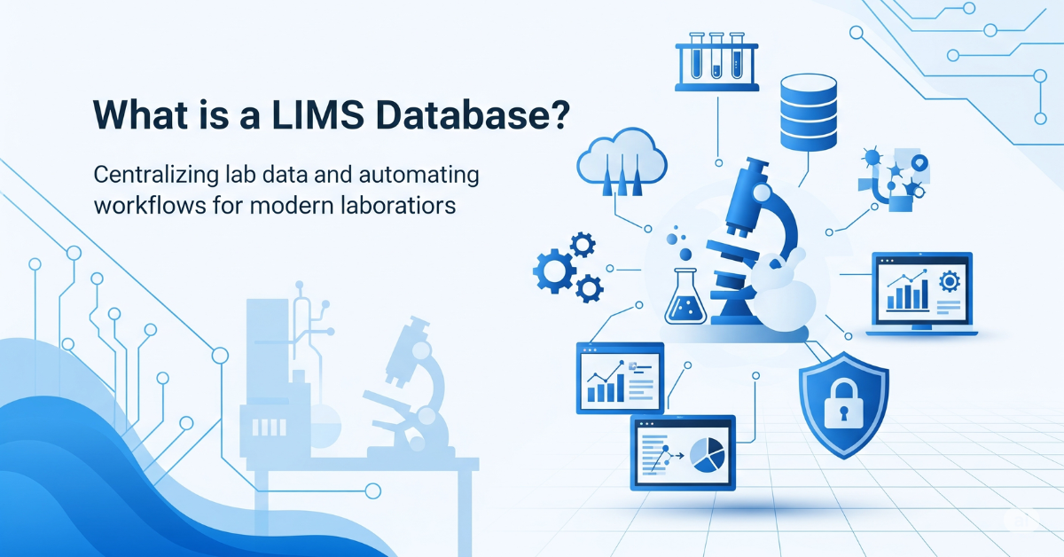 A clean, light-blue background image with the text “What is a LIMS Database?” and the subtitle “Centralizing lab data and automating workflows for modern laboratories.” The right side shows stylized icons including test tubes, database storage, microscopes, computers with charts, and a shield representing data security, all connected with thin digital lines depicting integration.