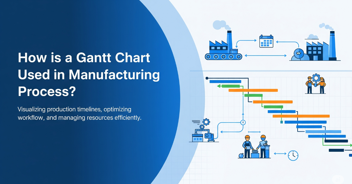 The image has a clean, professional design with a blue and white color scheme. On the left side, bold white text reads: “How is a Gantt Chart Used in Manufacturing Process?” with a subtitle underneath: “Visualizing production timelines, optimizing workflow, and managing resources efficiently.” The background behind the text features a large blue curved shape. On the right side, there are stylized illustrations representing a manufacturing process, including factory buildings connected with arrows and calendar icons symbolizing scheduling. Below that is a colorful Gantt chart with horizontal bars in green, orange, and blue showing task timelines and dependencies. Small illustrated factory workers and machinery icons are integrated into the chart, visually emphasizing collaboration, workflow, and resource management. The overall design conveys clarity, coordination, and efficiency in production planning using Gantt charts.