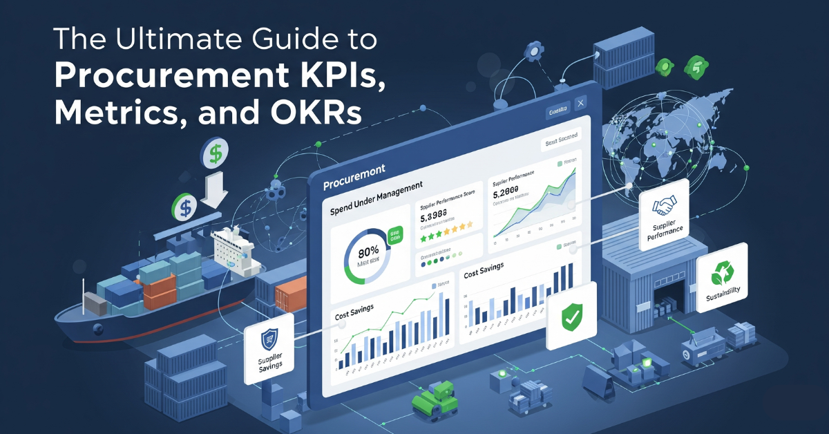 A sleek, data-driven featured image for an article on procurement. It features a digital dashboard at the center with charts and graphs displaying KPIs for cost savings, supplier performance, compliance, and sustainability. The background shows a global supply chain network with a cargo ship, containers, and connected lines, all in a professional, modern aesthetic of blues, grays, and subtle greens.