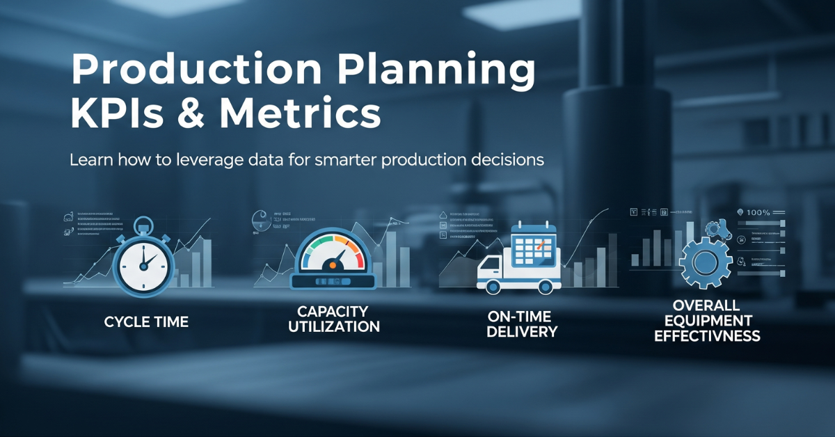 A professional featured image with a blurred industrial background displaying the title “Production Planning KPIs & Metrics” and the subtitle “Learn how to leverage data for smarter production decisions.” Below the text are four icons with labels representing key manufacturing metrics: a stopwatch labeled “Cycle Time,” a gauge labeled “Capacity Utilization,” a delivery truck with a calendar labeled “On-Time Delivery,” and a gear with bar charts labeled “Overall Equipment Effectiveness.” Each icon is accompanied by stylized data charts and graphical overlays to evoke data analytics and industrial efficiency.
