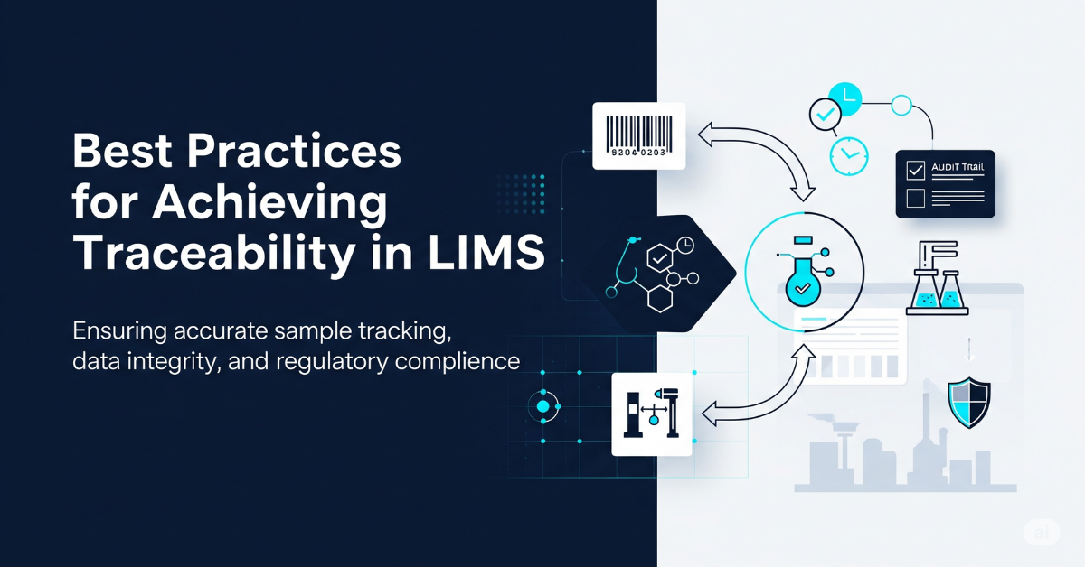 An image split vertically between a dark navy and light gray background with the text “Best Practices for Achieving Traceability in LIMS” and subtitle “Ensuring accurate sample tracking, data integrity, and regulatory compliance.” The right side features graphic elements such as barcode scanning, lab flasks, checklist forms, clocks, and shield icons interconnected with arrows illustrating sample tracking and audit processes.