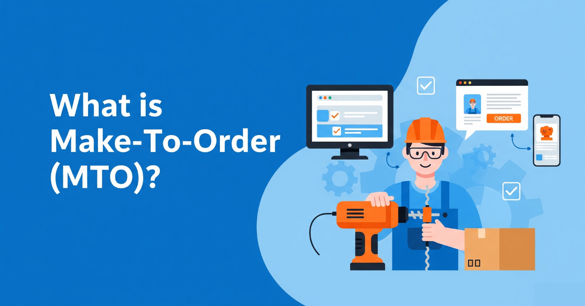 Illustration of a man assembling a product with an electric drill next to a cardboard box. To the left are a desktop computer and a smartphone screen showing an online order interface. The background is blue with gears and checkmark icons, conveying customization and manufacturing process.